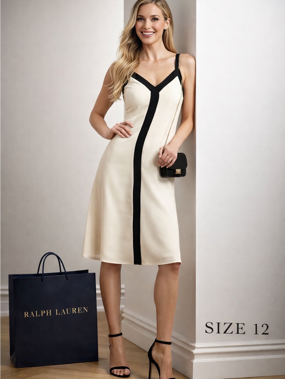 Ralph Lauren Cream Midi Dress with Black Trim